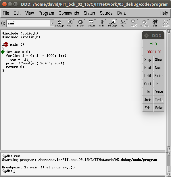 DDD – běh programu - Linux a programování v jazyce C