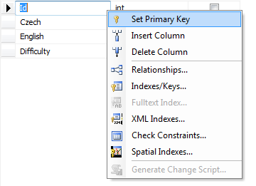 Nastavení primárního klíče tabulky v MS SQL Management Studio - Databáze v C# - ADO.NET