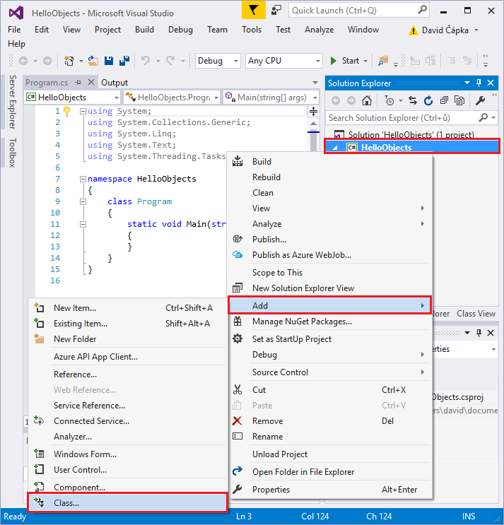 Přidání nové třídy class k C# projektu ve Visual Studio - Objektově orientované programování v C# .NET