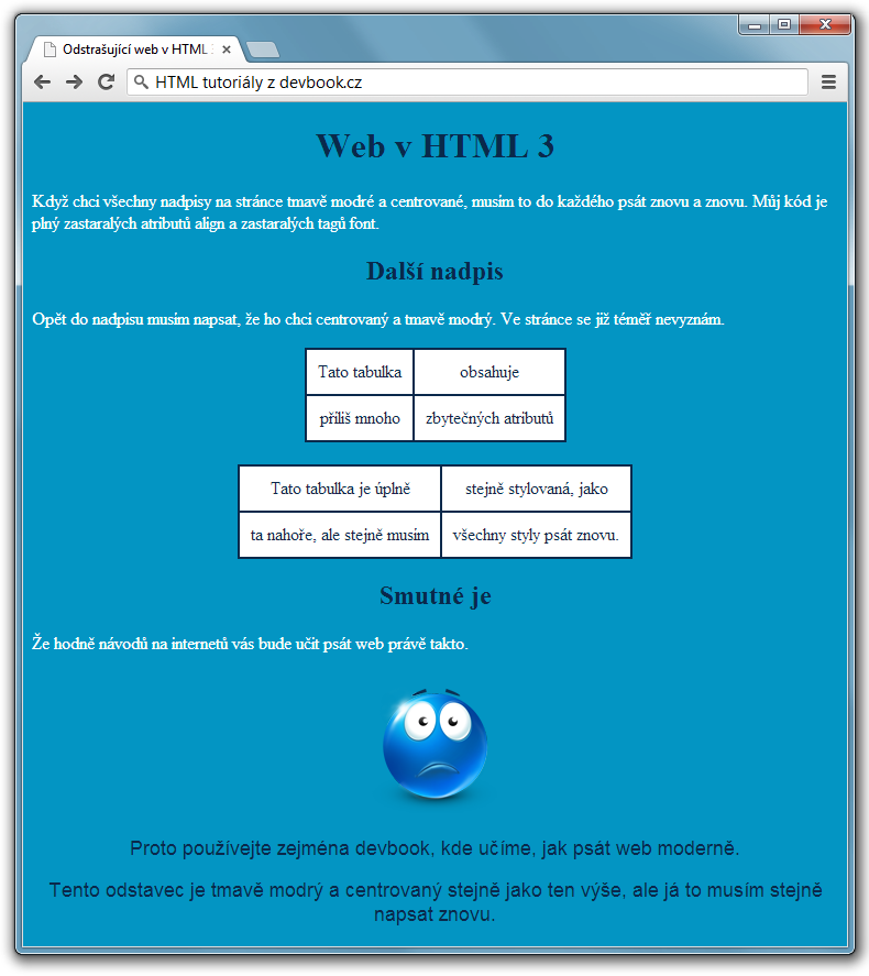 Odstrašující příklad webu v HTML 3 bez CSS