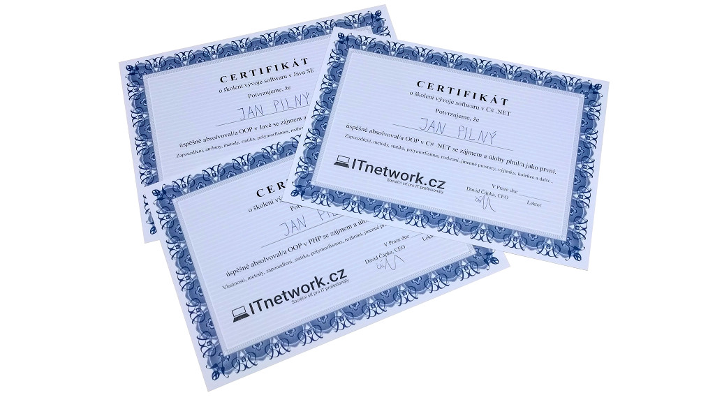 Certifikát ke školení objektově orientovaného programování v C# .NET