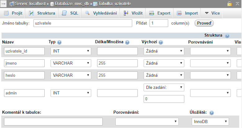 Vytvoření tabulky uživatelů v phpMyAdmin - MVC - Jednoduchý redakční systém v PHP objektově