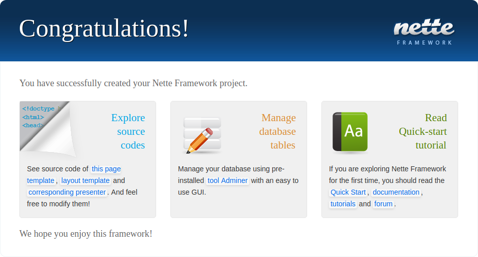 Zprovozněný sandbox v Nette frameworku