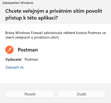 Okno Windows firewallu – povolení aplikace Postman - Kybernetická bezpečnost a NIS2