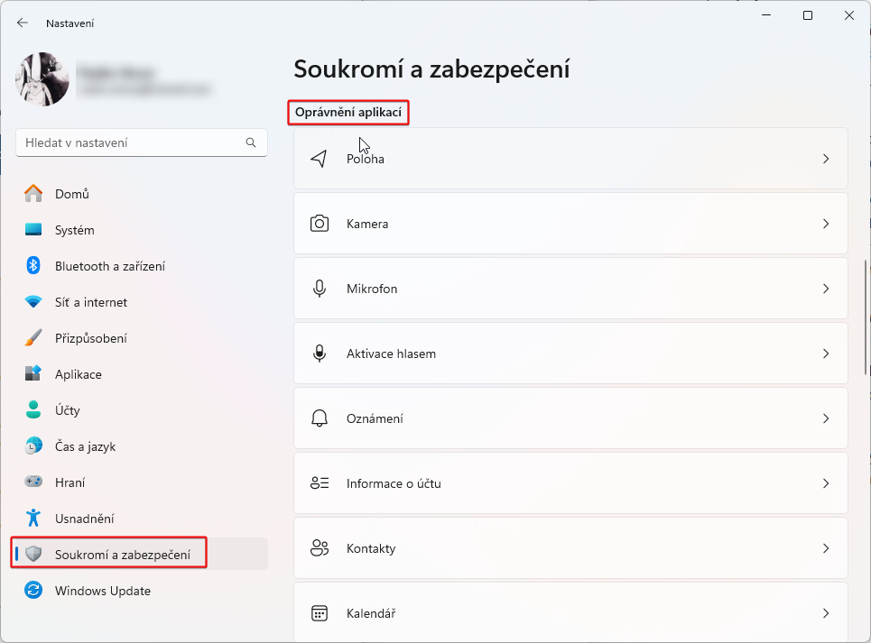 Nabídka Oprávnění aplikací v zabezpečení Windows - Kybernetická bezpečnost a NIS2