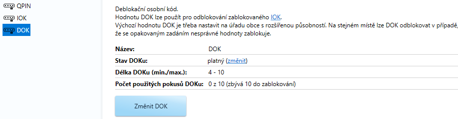 zobrazení informačního okna k nastavení kódu DOK - Kvalifikovaný elektronický podpis