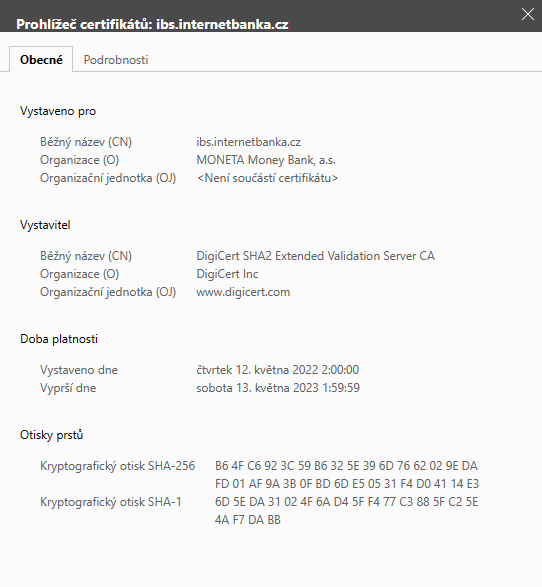 Příklad certifikátu stránek – Moneta Money Bank v prohlížeči Edge - Kybernetická bezpečnost