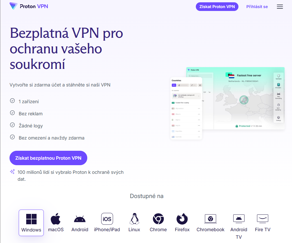 Úvodní stránka Proton VPN - Kyberbezpečnost, bezpečné a slušné chování na internetu