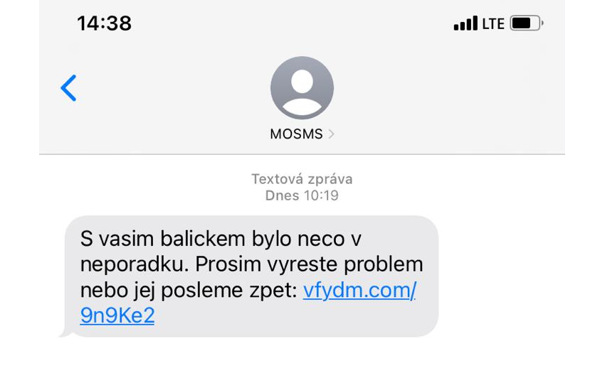 Ukázka phishingové SMS - Kyberbezpečnost, bezpečné a slušné chování na internetu