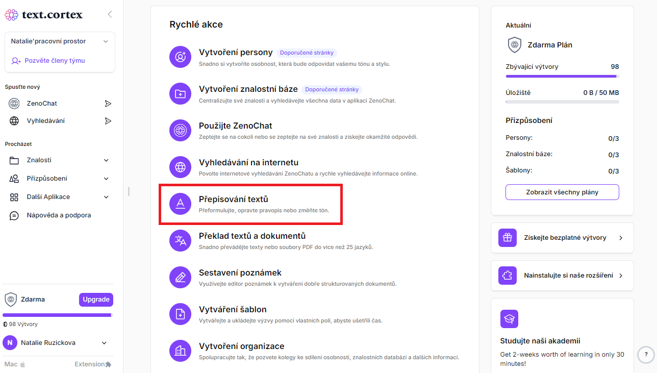 Přepis textu – TextCortex - AI - Mistrovství produktivity s umělou inteligencí