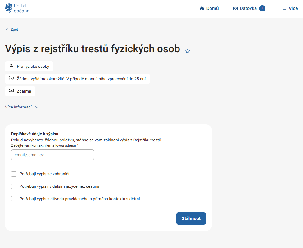Požadavek o výpis z RT - Komunikace s úřady