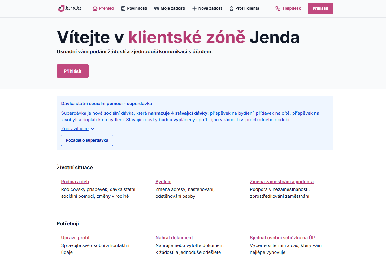 Úvodní stránka portálu Jenda - Elektronická identita občana