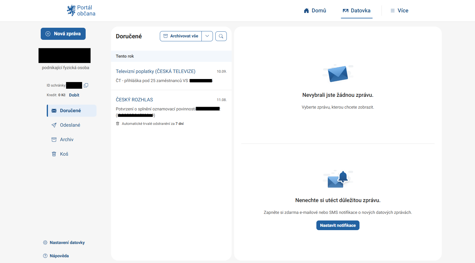 Datovka přes Portál občana - Portál občana a datová schránka