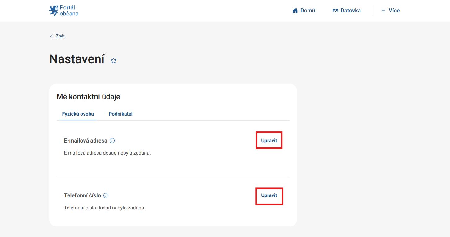 Nastavení údajů - Portál občana a datová schránka