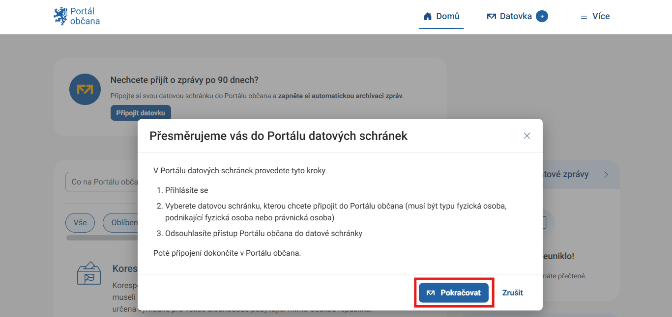 Přesměrování do datovky - Portál občana a datová schránka