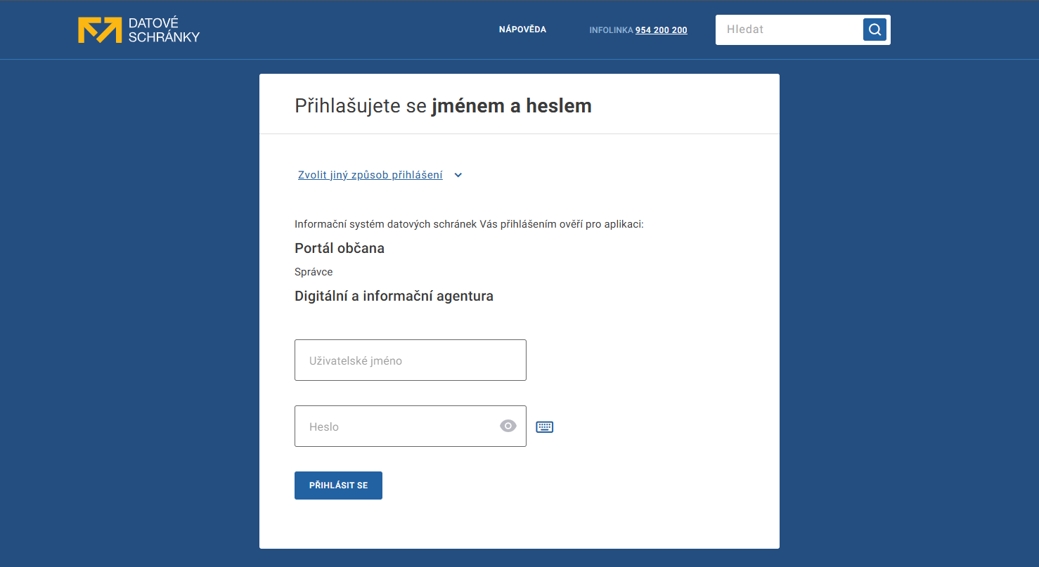 Přihlášení na stránkách datovky - Portál občana a datová schránka