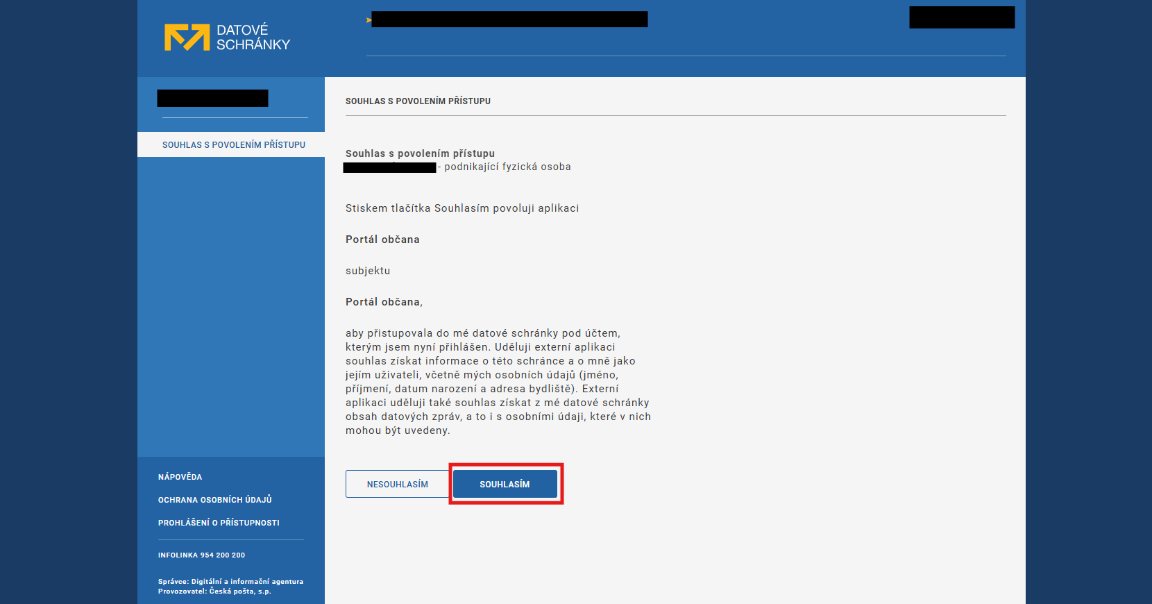 Souhlas s povolením přístupu - Portál občana a datová schránka