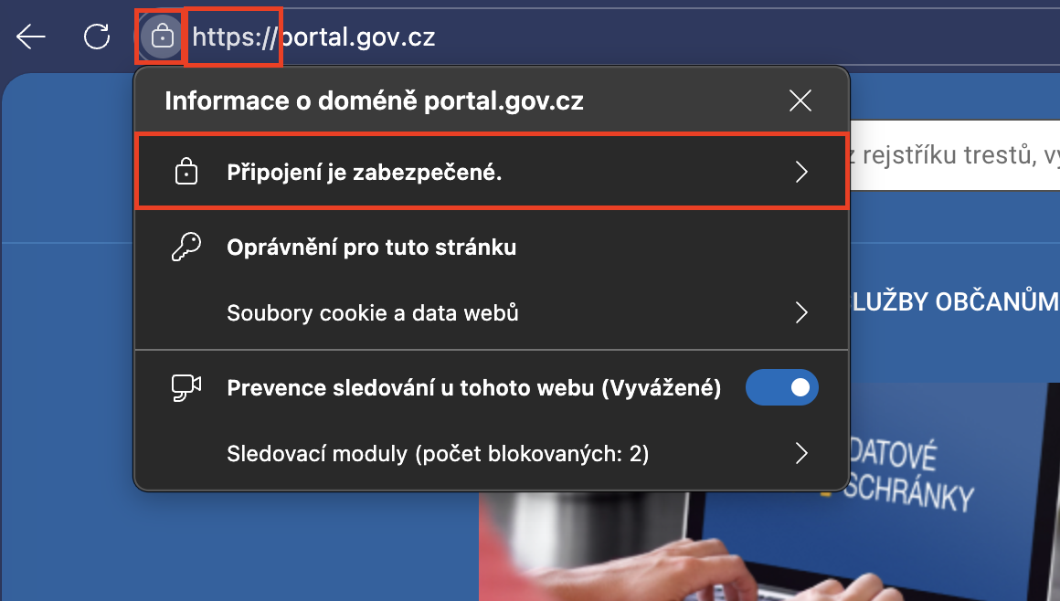 Bezpečné připojení https v prohlížeči Microsoft Edge - E-government a internetové bankovnictví