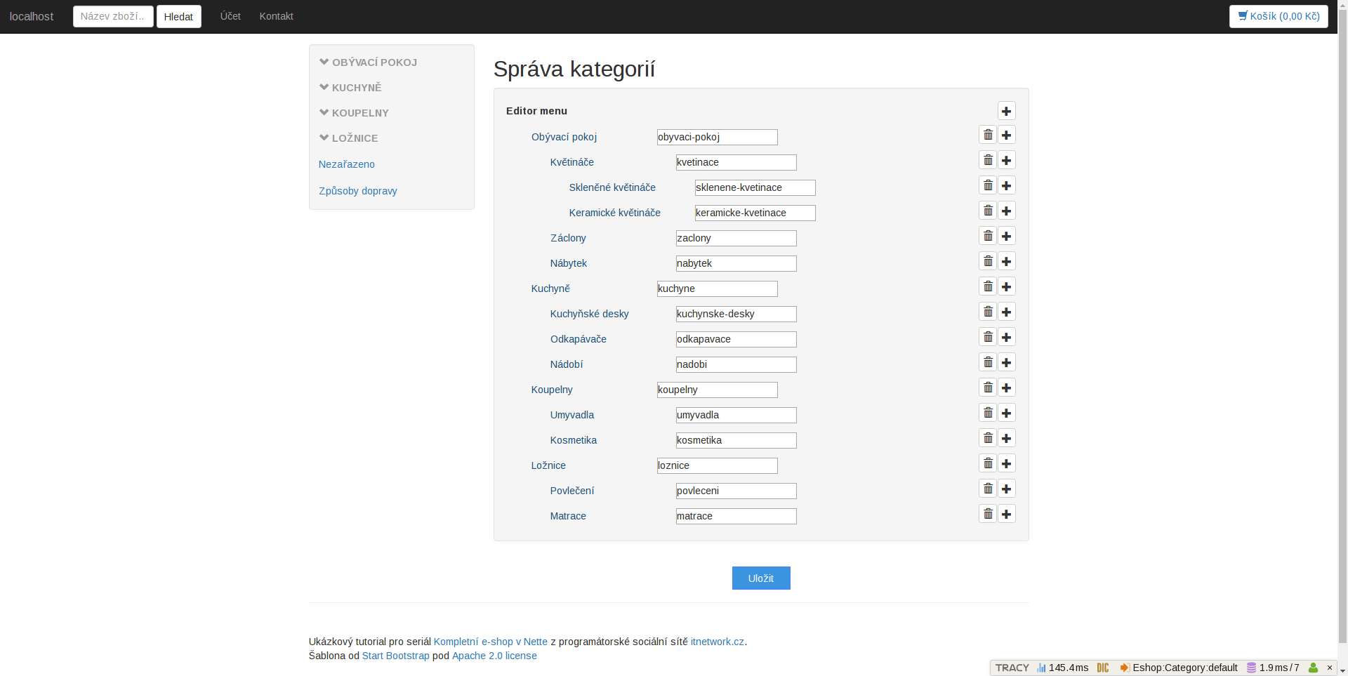 Editor kategorií produktů e-shopu v Nette