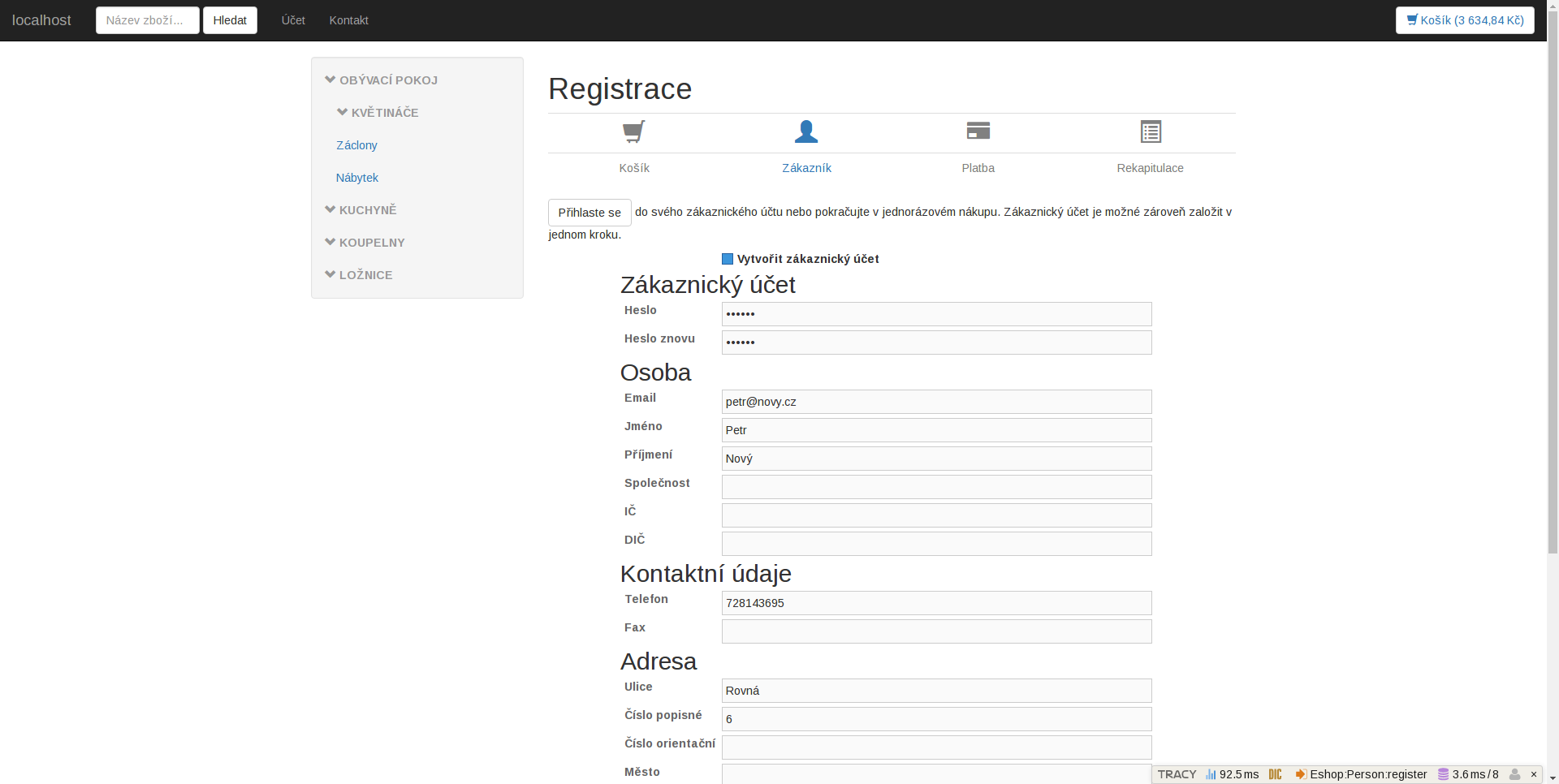 Registrace osoby v e-shopu