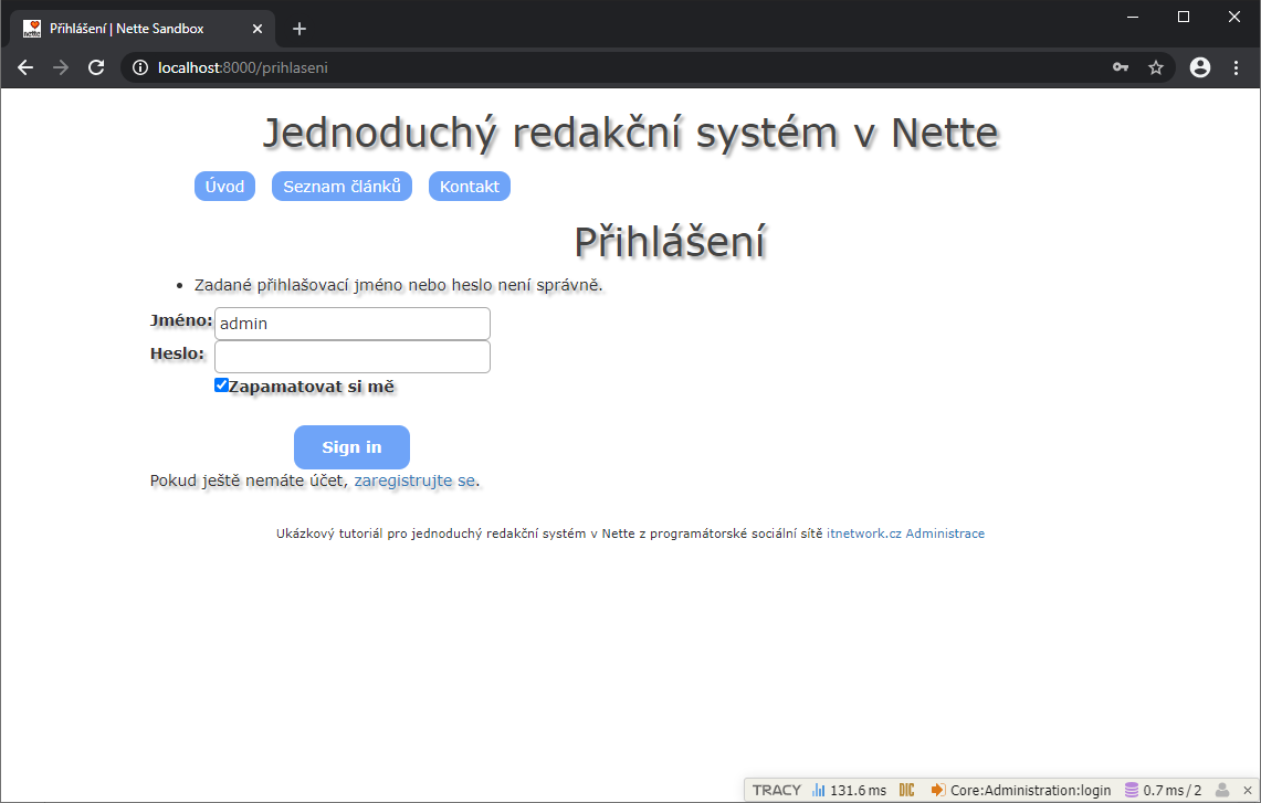 Přihlášení uživatele do Nette aplikace - Základy Nette frameworku