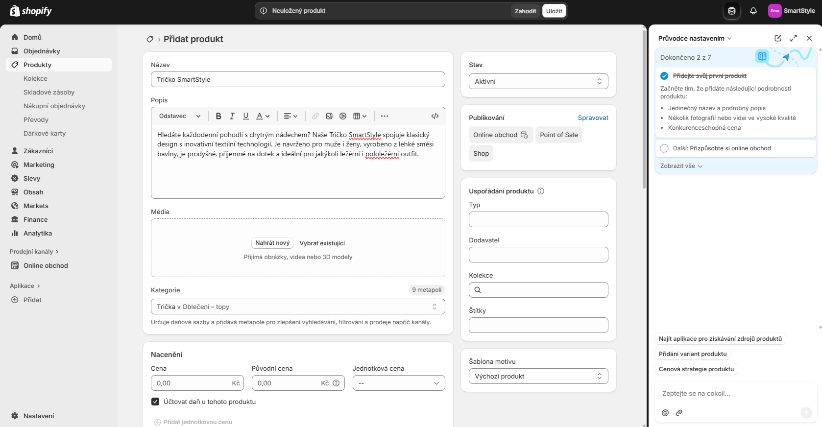 Přidání produktu - Umělá inteligence