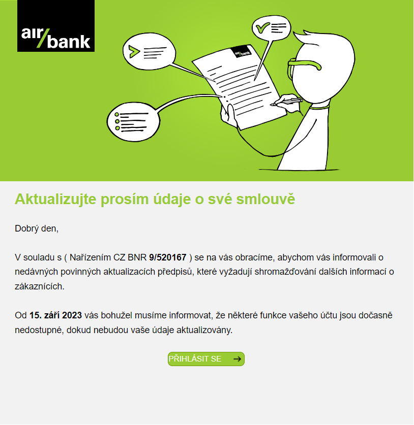 Ukázka phishingu – podvodný e-mail napodobující Air banku - Digitální gramotnost