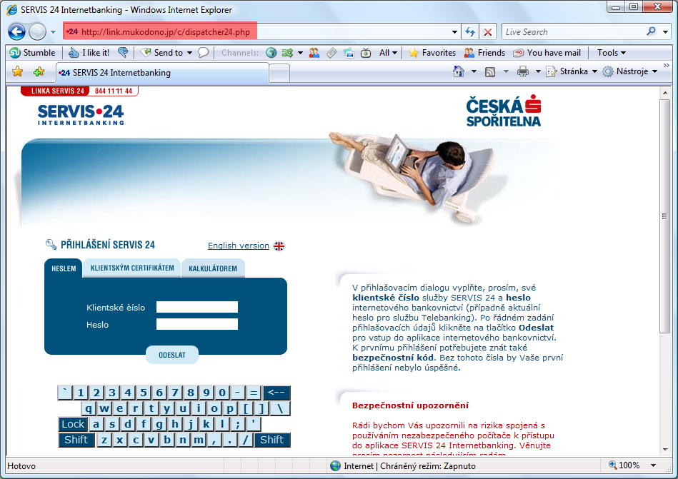 Ukázka podvodné stránky napodobující Českou spořitelnu - Digitální gramotnost