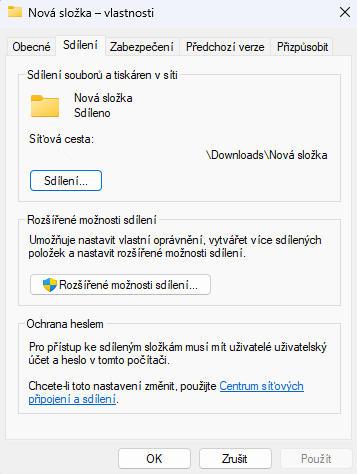 Karta sdílení ve vlastnostech složky - Windows