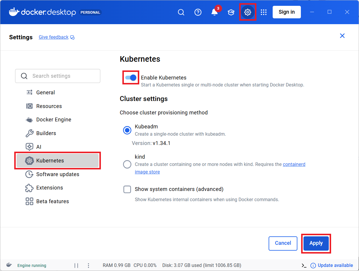 Enable Kubernetes v Docker Desktop - Síťové technologie