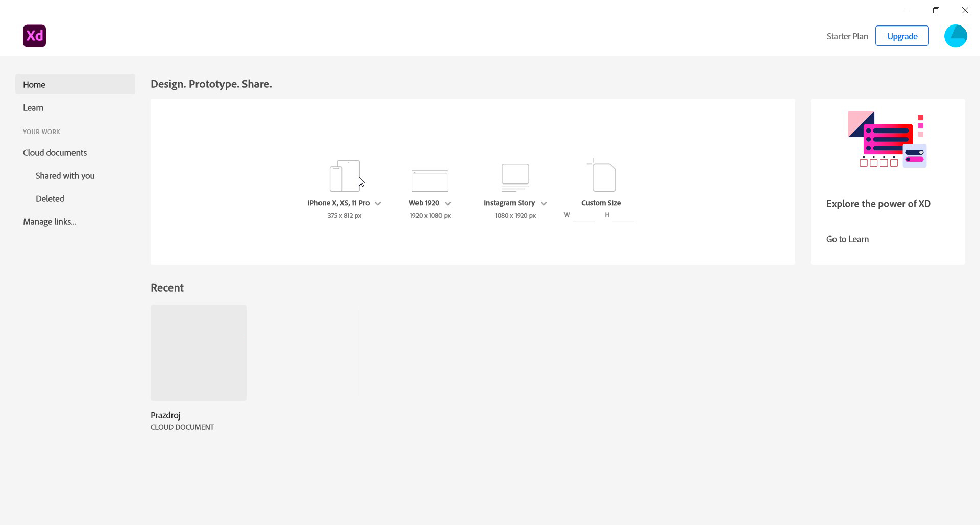 Domovská obrazovka aplikace Adobe XD. - Adobe XD