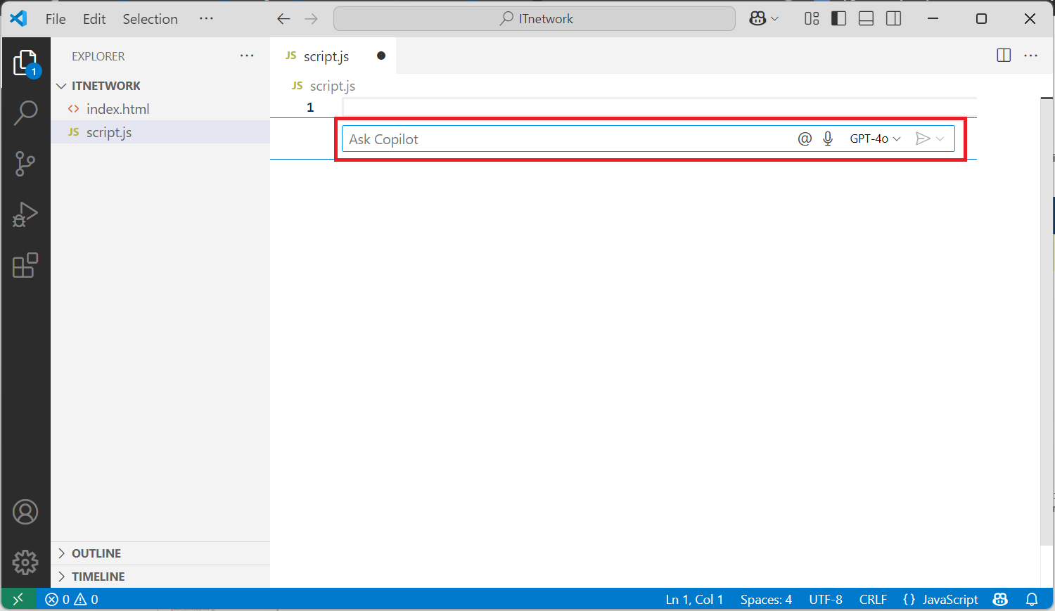 Chatovací okno v GitHub Copilotu - Základní konstrukce jazyka JavaScript