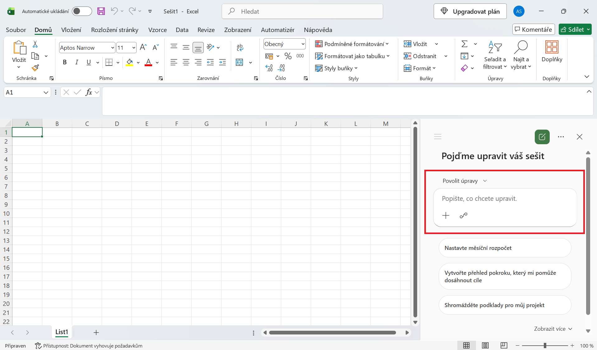 Otevřené podokno Copilotu v Microsoft Excelu - Základy Microsoft Excel