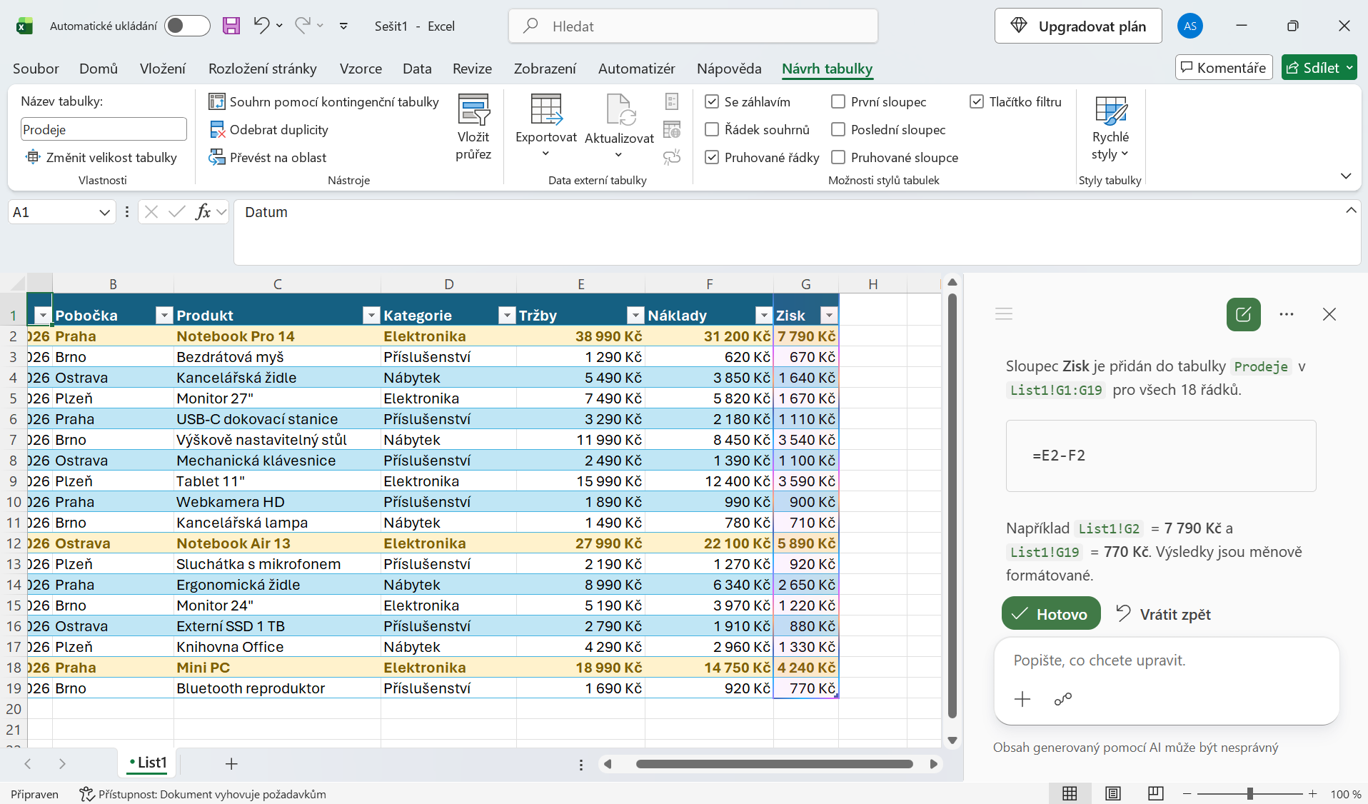 Vytvoření výpočtu pomocí Copilotu - Základy Microsoft Excel