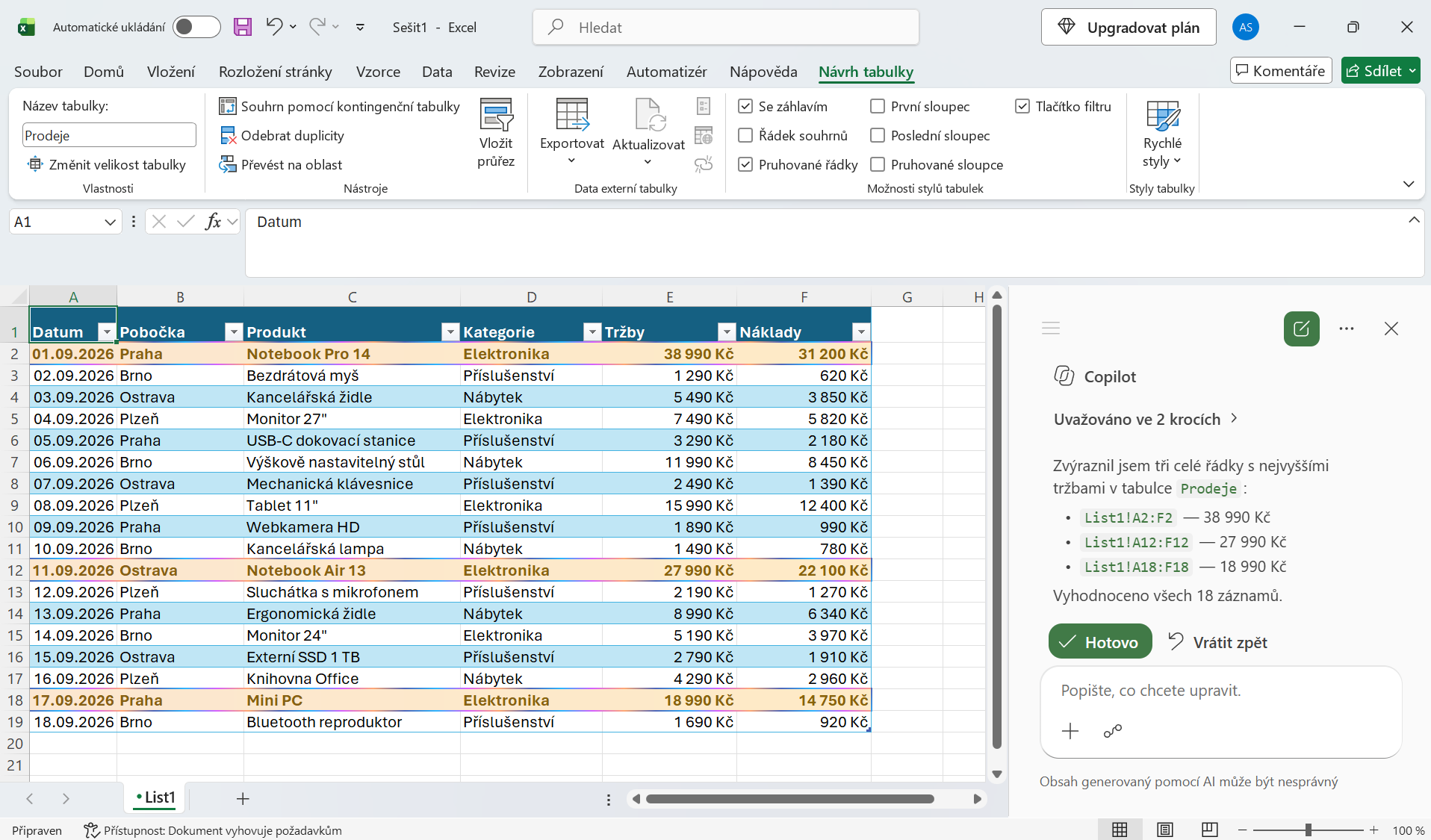 Zvýraznění hodnot pomocí Copilotu - Základy Microsoft Excel