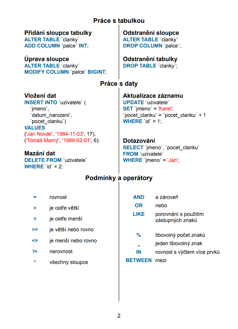 Tahák syntaxe MySQL - MySQL