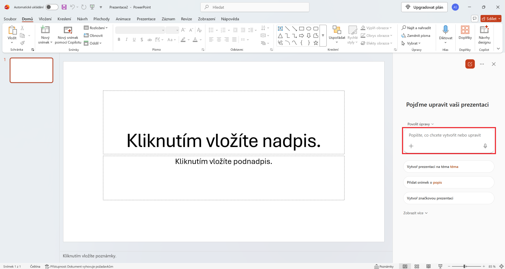 Otevřené podokno Copilotu v Microsoft PowerPointu - Základy Microsoft PowerPoint