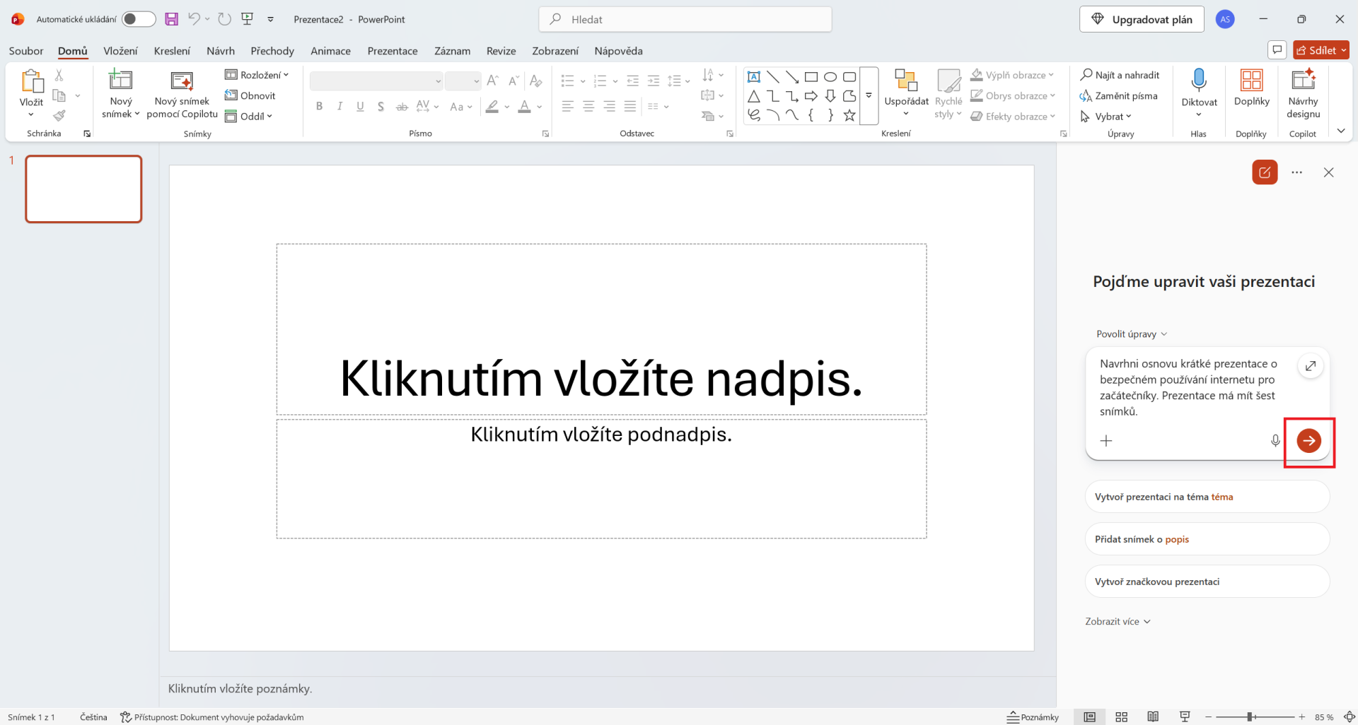 První prompt zadaný Copilotu v PowerPointu - Základy Microsoft PowerPoint