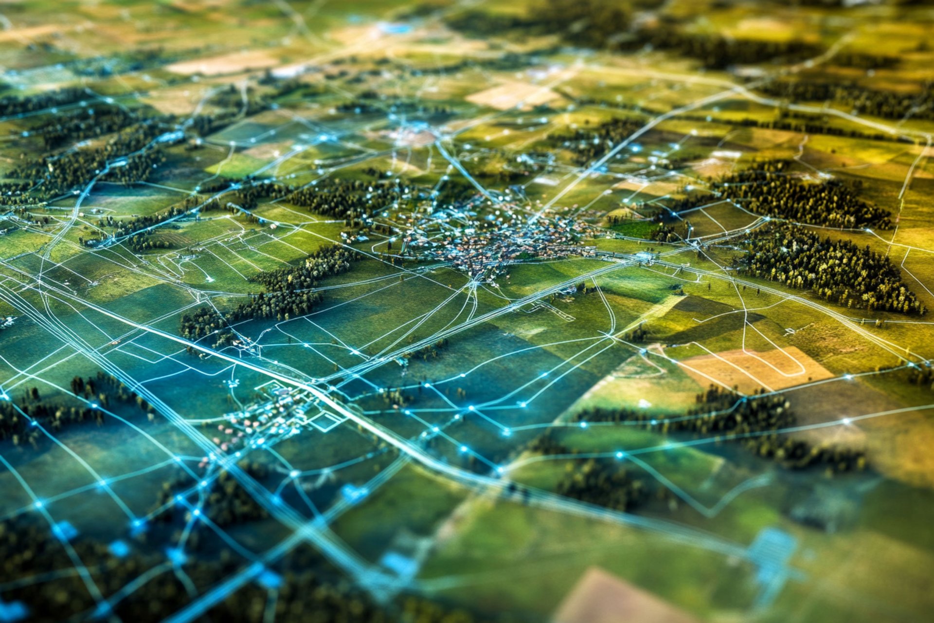 Ilustrační obrázek propojení měst pomocí kabelů - Vytváření návrhů a struktury sítí 
