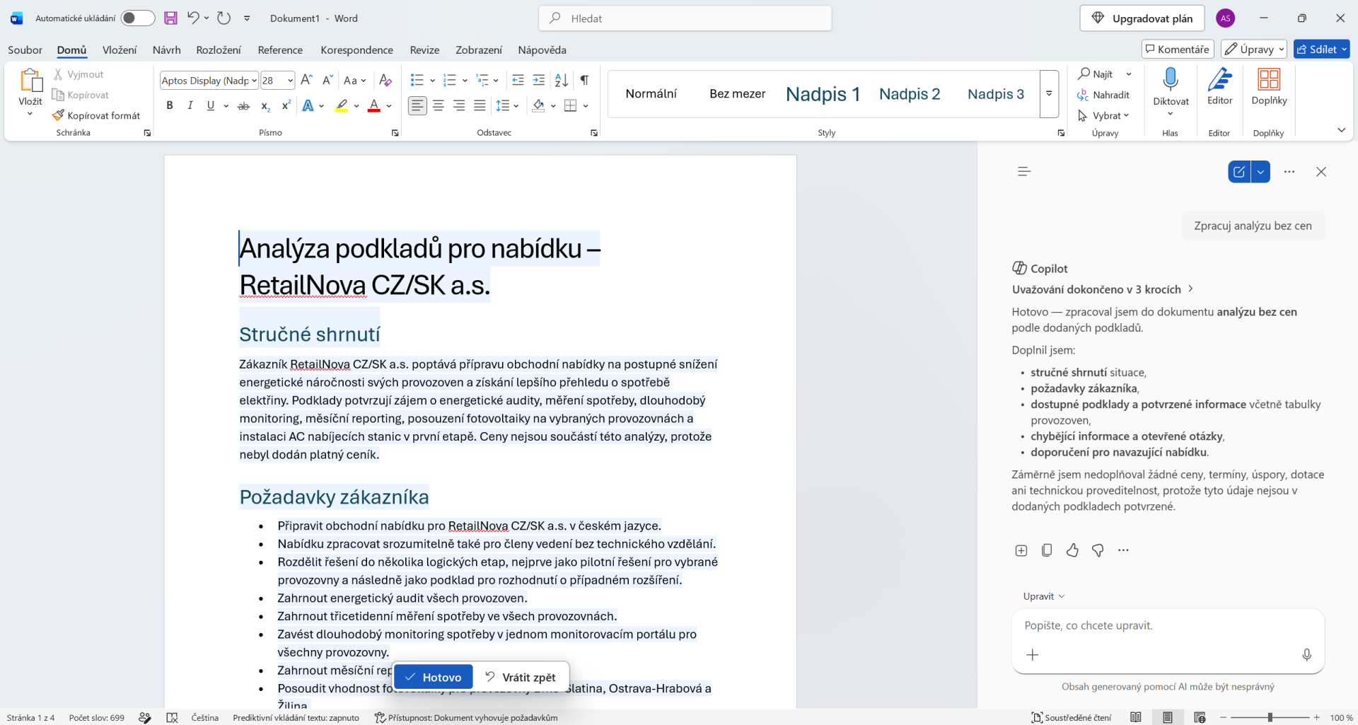 Analýza požadavků zákazníka pomocí Copilotu ve Wordu - Základy Microsoft Word