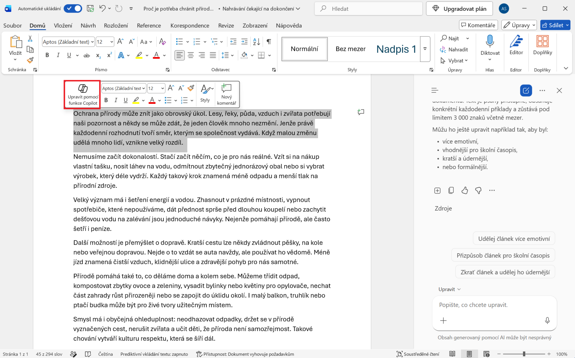 Volba Copilotu nad označeným textem - Základy Microsoft Word