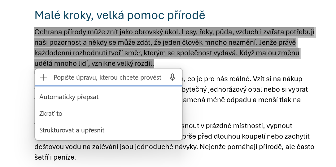 Možnosti Copilotu nad označeným textem - Základy Microsoft Word