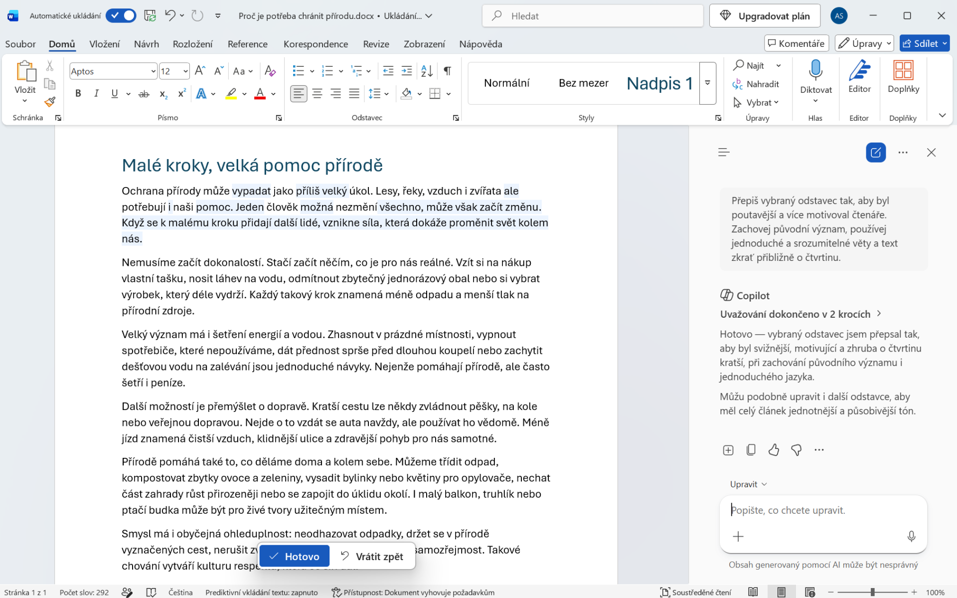Odstavec upravený pomocí Copilotu - Základy Microsoft Word