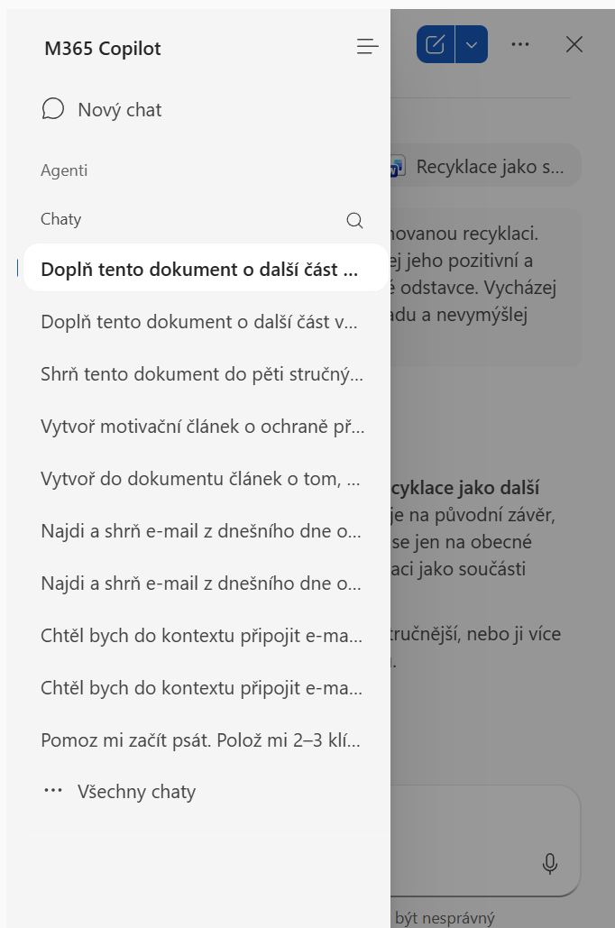 Historie chatů v Copilotu - Základy Microsoft Word