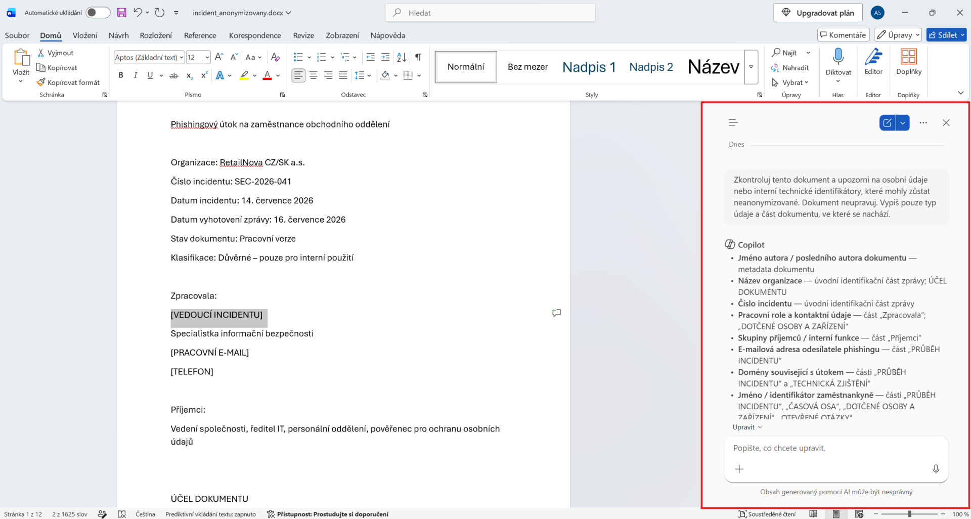 Kontrola anonymizace dokumentu pomocí Copilotu ve Wordu - Základy Microsoft Word