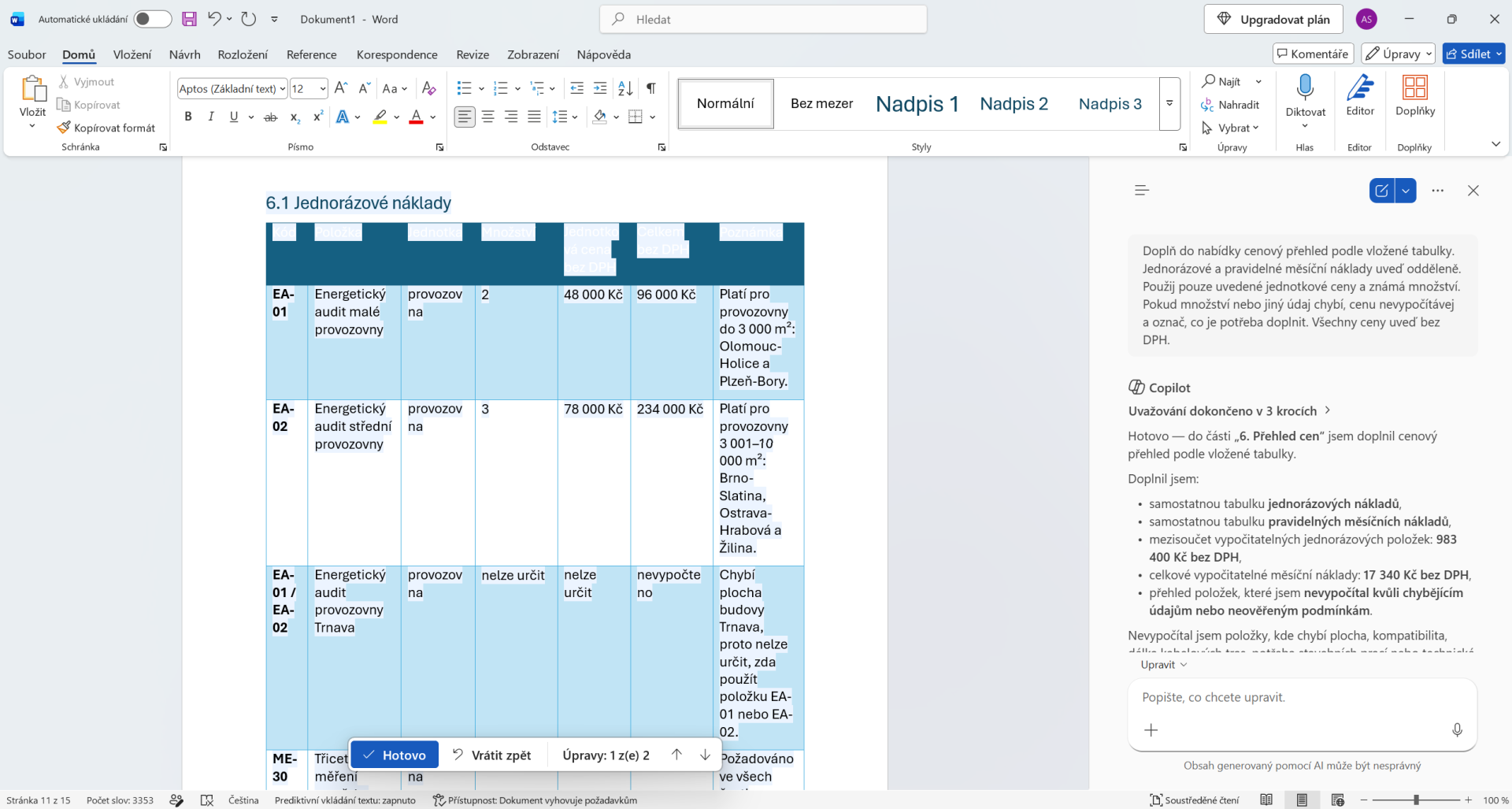 Cenový přehled obchodní nabídky vytvořený podle ceníku - Základy Microsoft Word