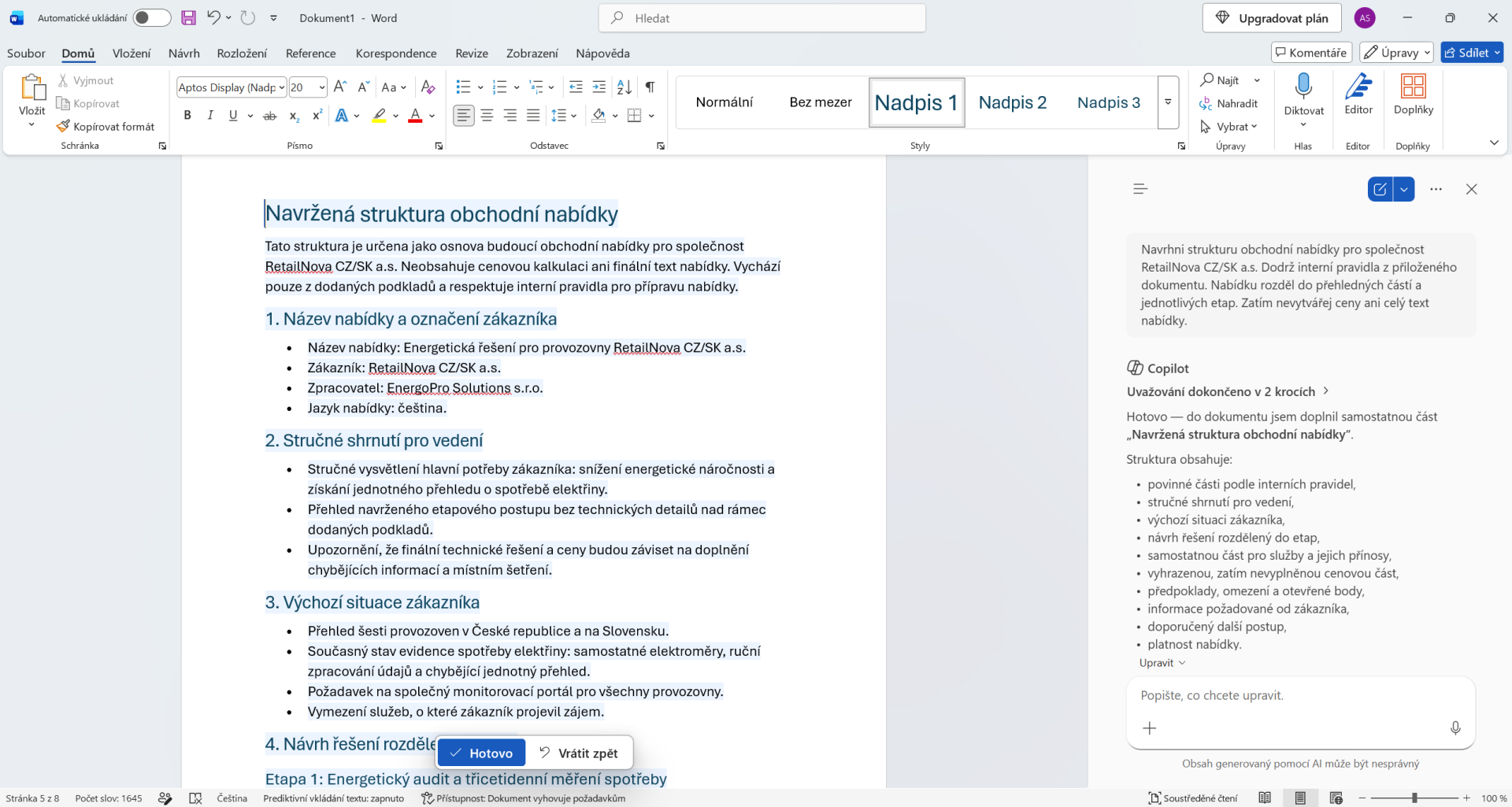 Návrh struktury obchodní nabídky vytvořený Copilotem - Základy Microsoft Word