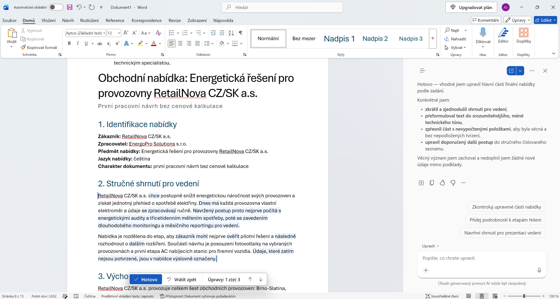 Přeformulování označené části obchodní nabídky pomocí Copilotu - Základy Microsoft Word