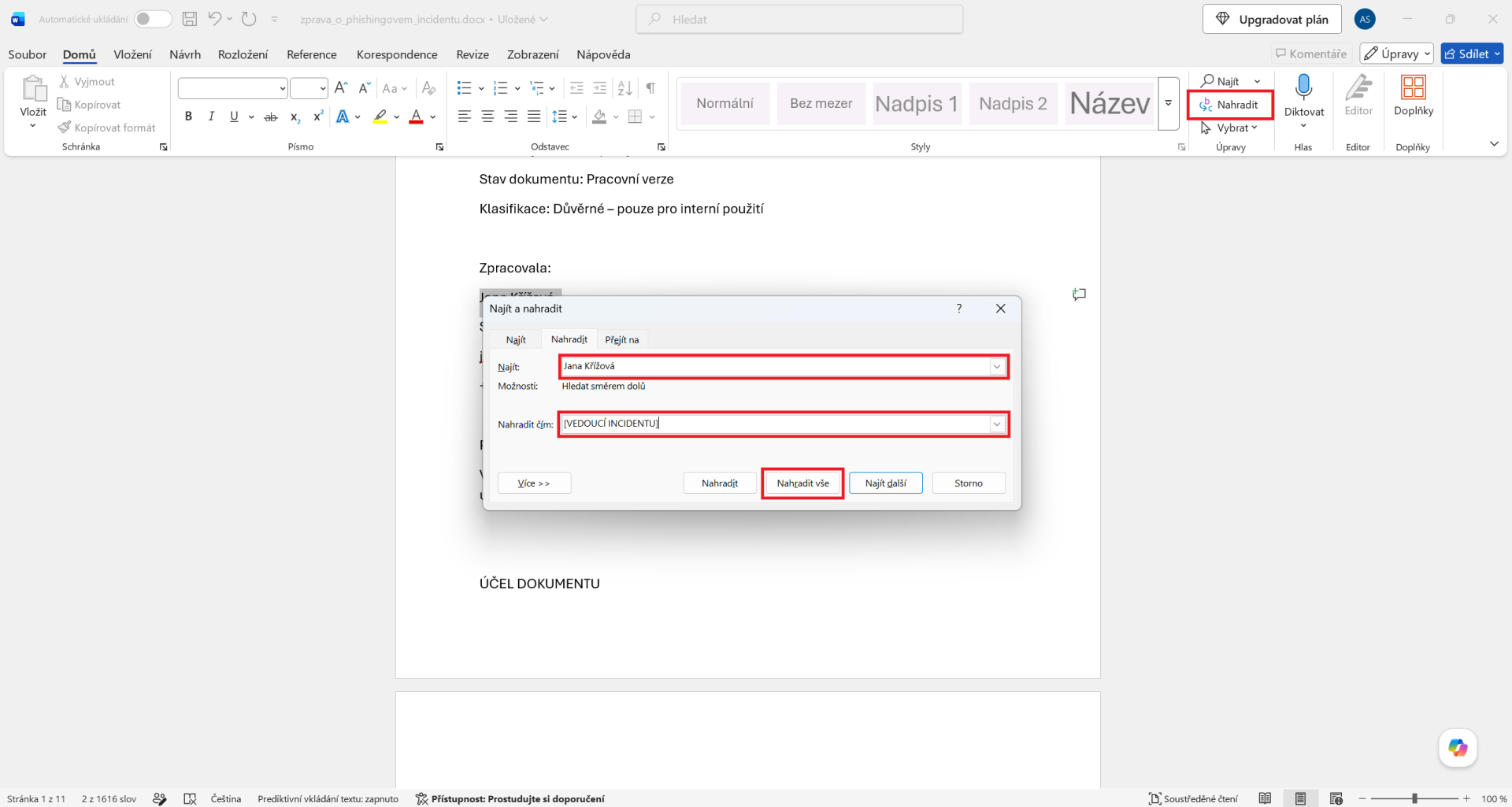Anonymizace osobních údajů pomocí funkce Najít a nahradit - Základy Microsoft Word