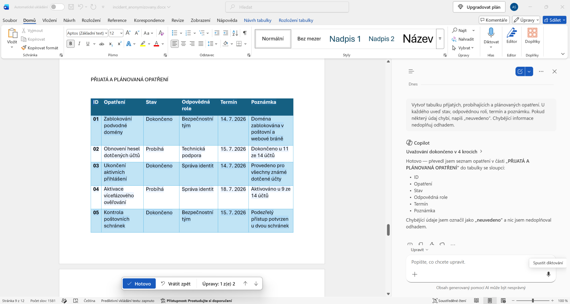 Přehled opatření, odpovědností a termínů vytvořený Copilotem - Základy Microsoft Word